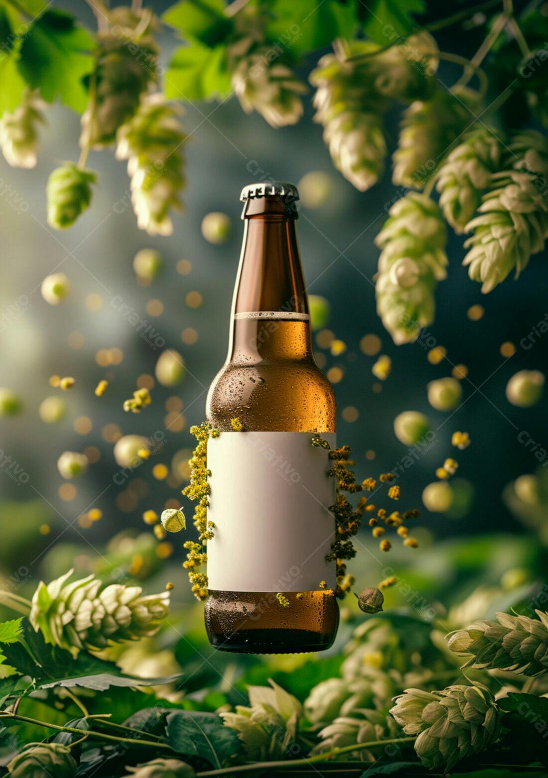 Garrafa de cerveja artesanal com lúpulo