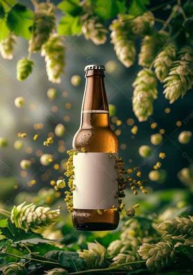 Garrafa de cerveja com rótulo branco com fundo de lúpulo verde 4