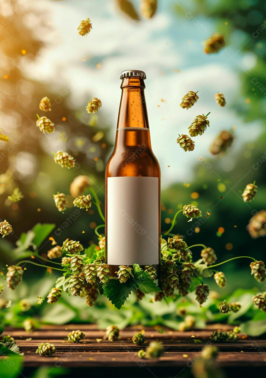 Garrafa de cerveja artesanal com lúpulo