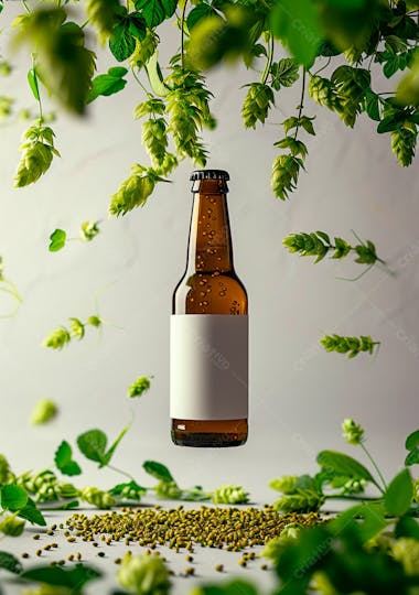 Garrafa de cerveja com rótulo branco com fundo de lúpulo verde 6