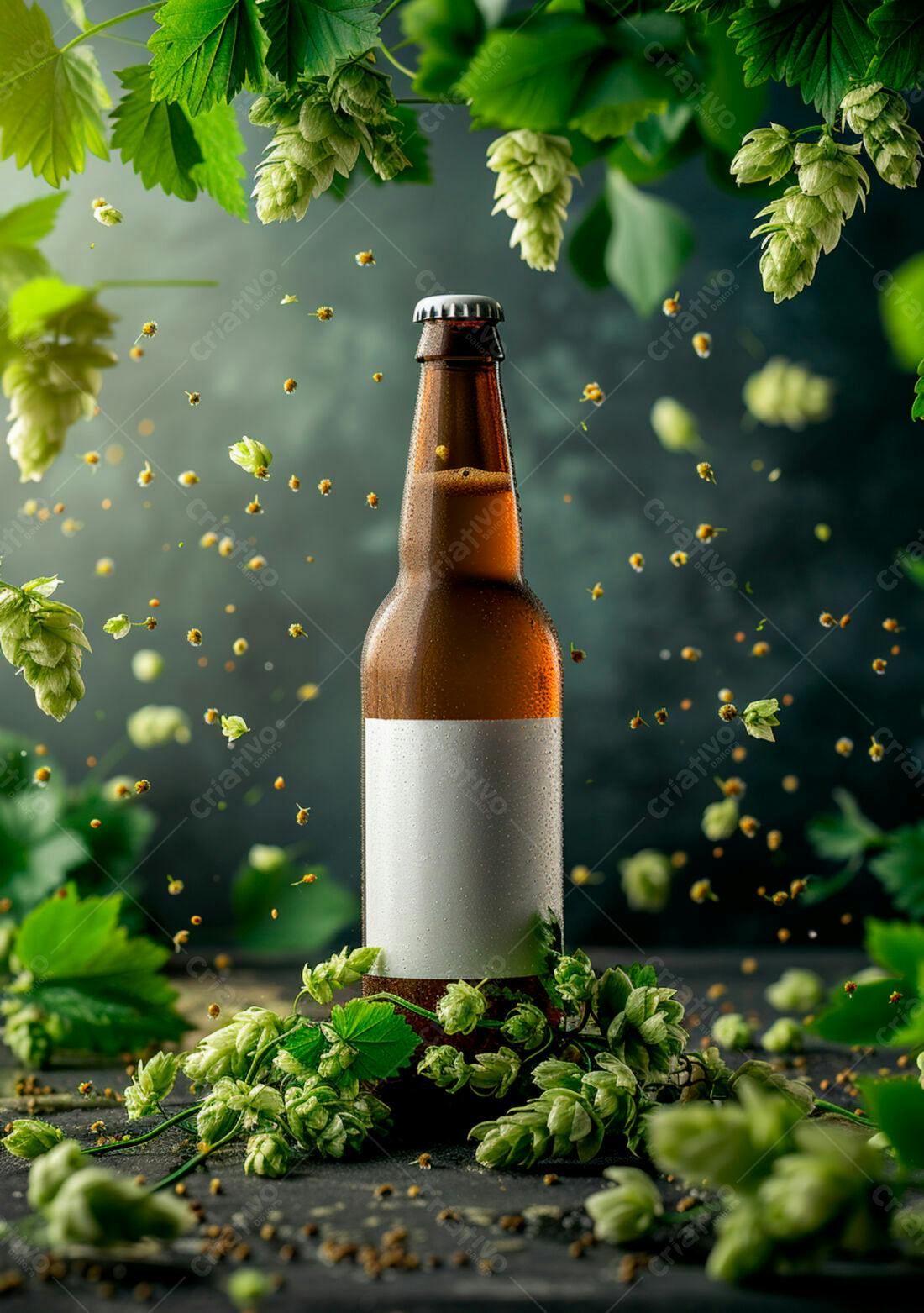 Garrafa de cerveja artesanal com lúpulo