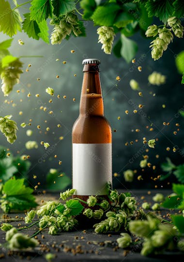 Garrafa de cerveja com rótulo branco com fundo de lúpulo verde 7