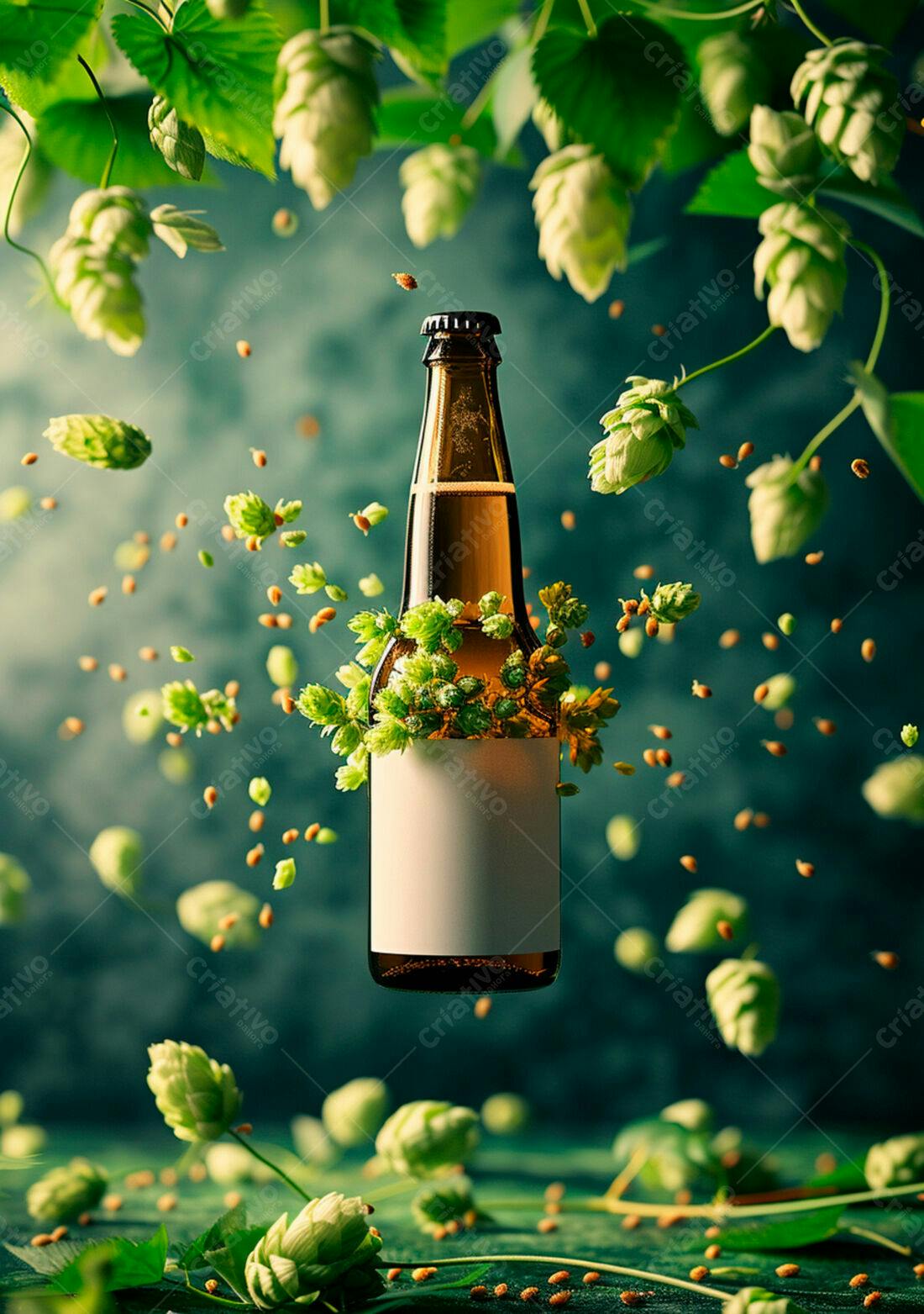 Garrafa de cerveja com lúpulo em queda