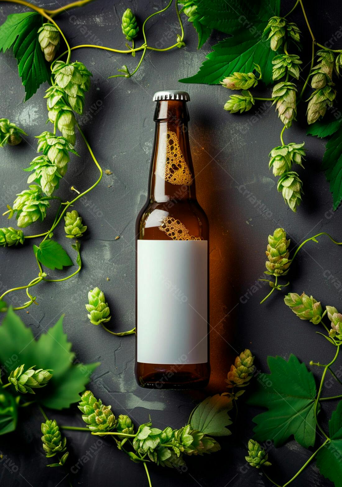 Garrafa de cerveja artesanal com lúpulo