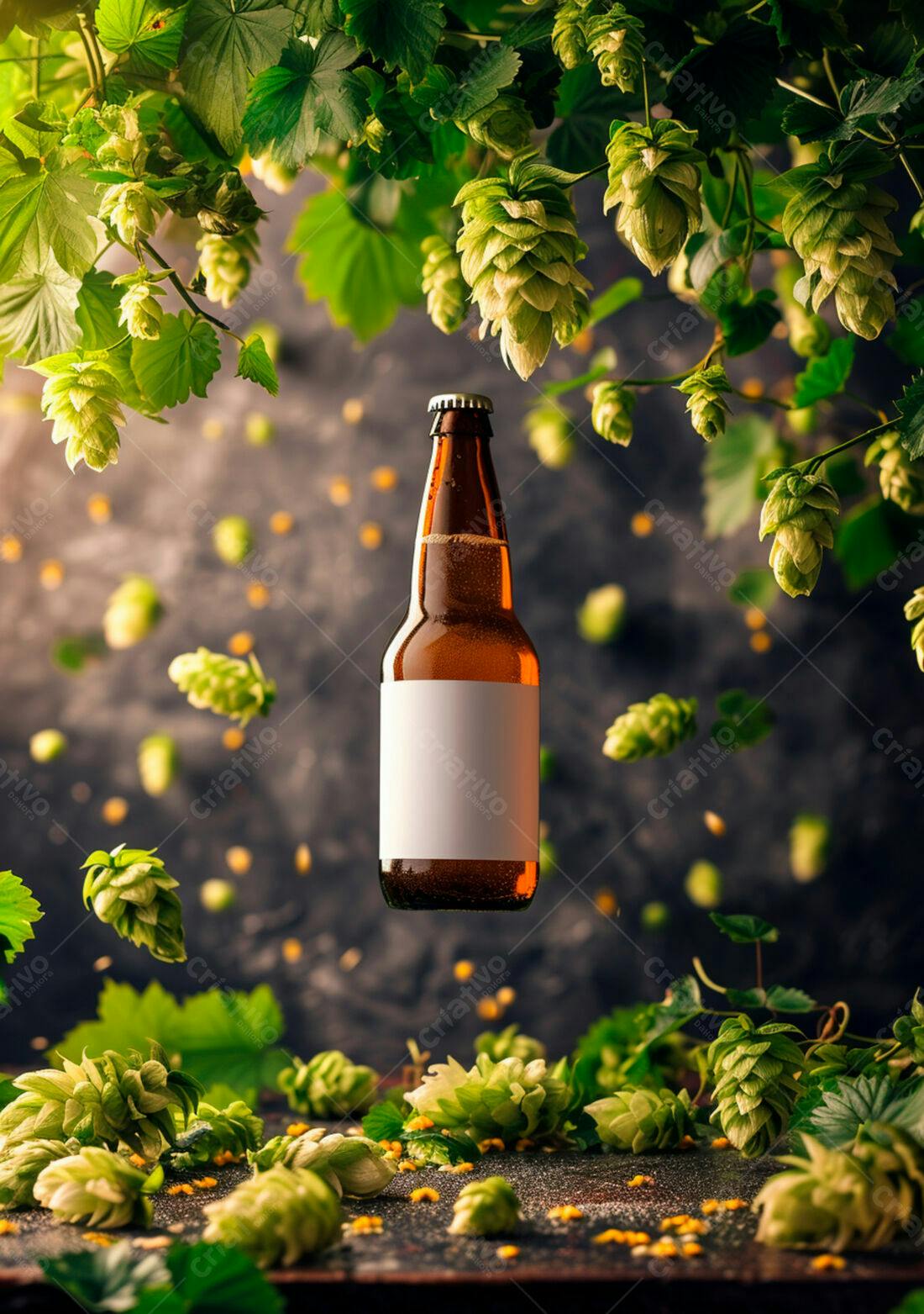 Garrafa de cerveja artesanal com lúpulo
