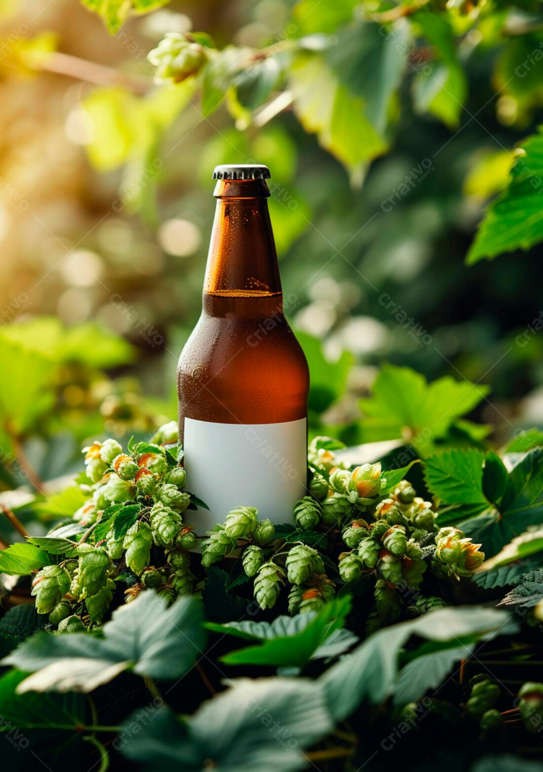 Garrafa de cerveja artesanal com lúpulo