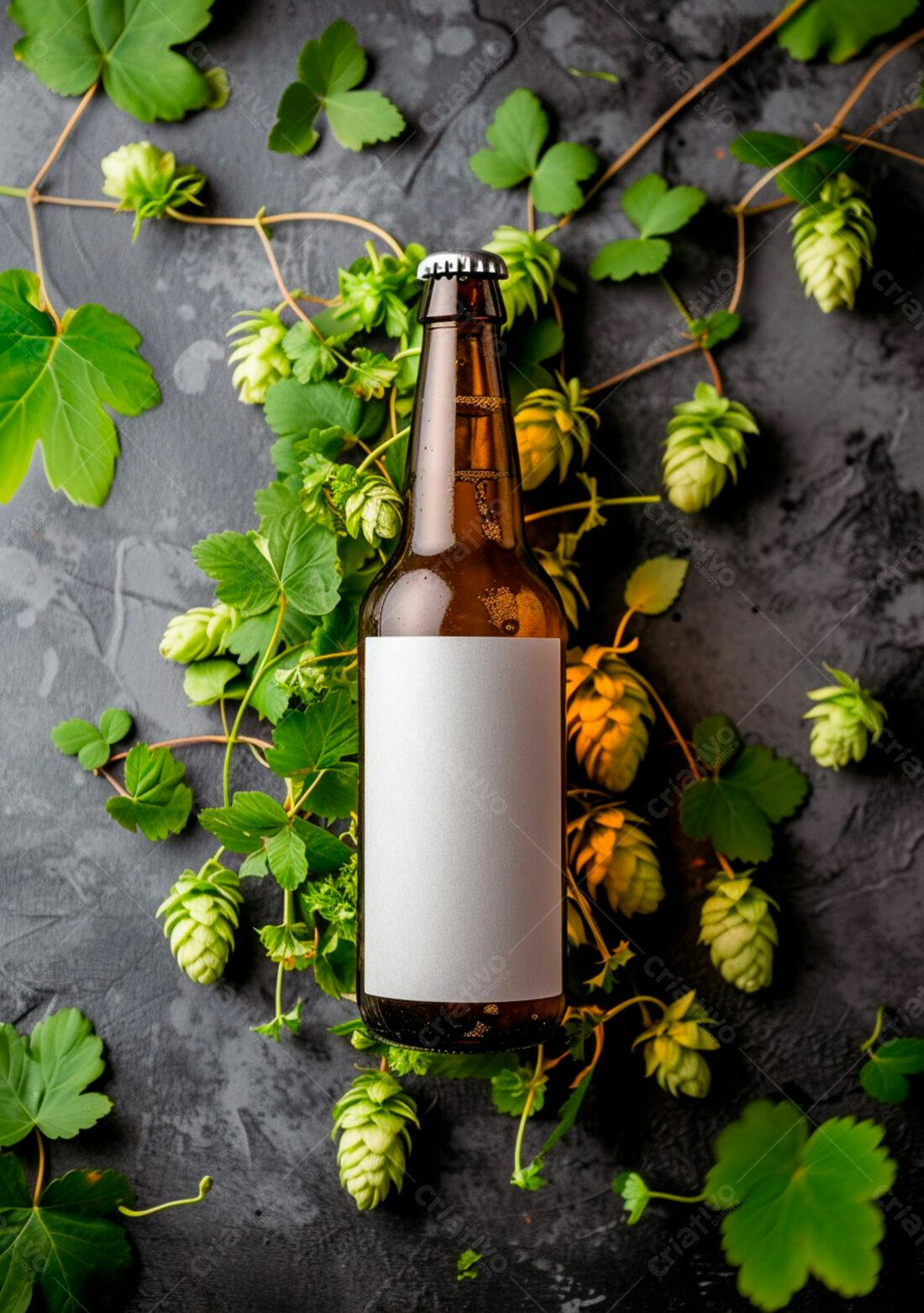 Garrafa de cerveja artesanal com lúpulo