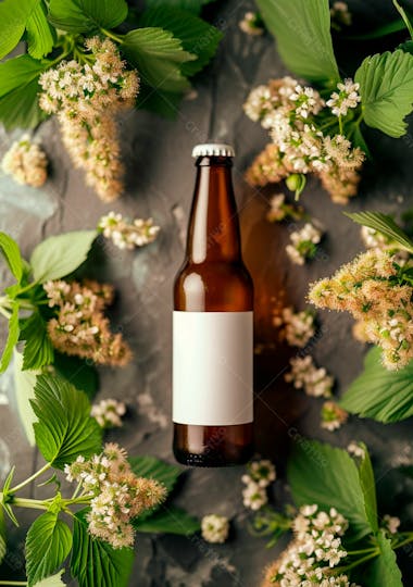 Garrafa de cerveja com rótulo branco com fundo de lúpulo verde 13