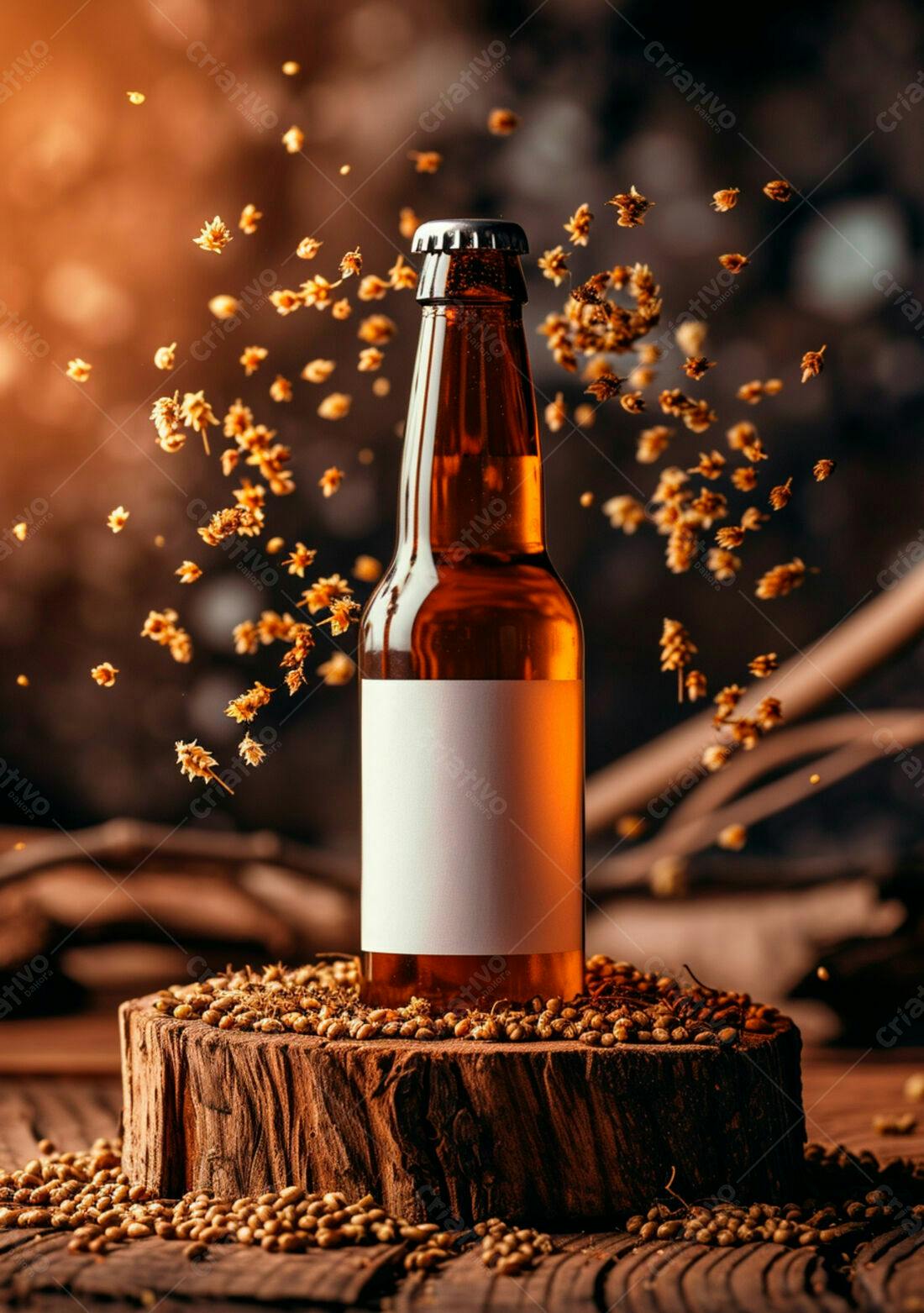 Garrafa de cerveja artesanal com lúpulo