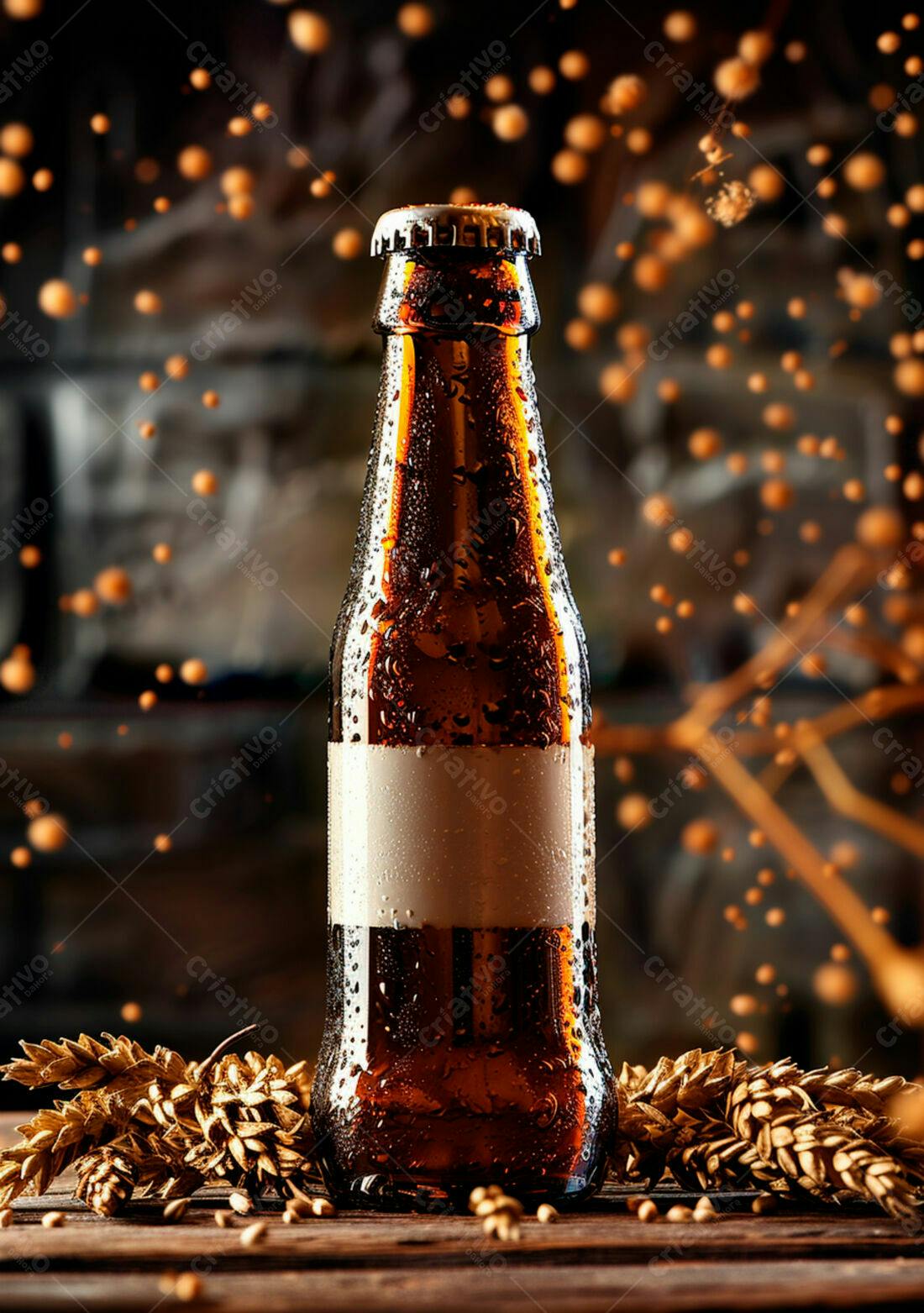 Garrafa de cerveja gelada com grãos