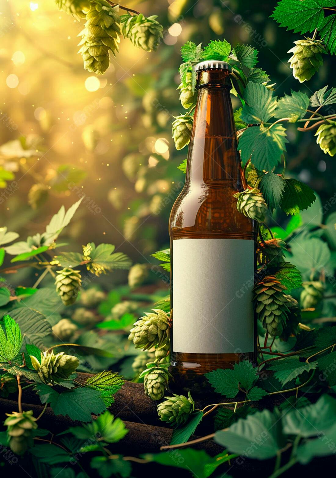 Garrafa de cerveja artesanal em meio a lúpulos