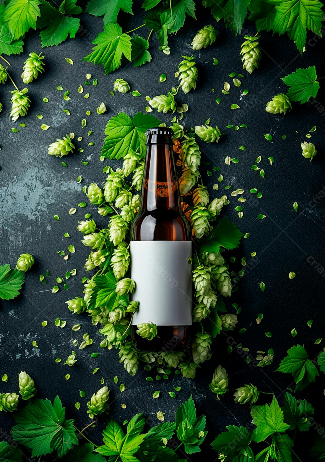 Garrafa de cerveja artesanal com lúpulo