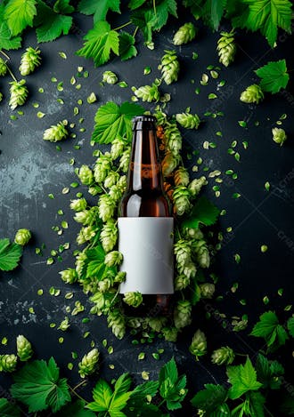 Garrafa de cerveja com rótulo branco com fundo de lúpulo verde 19