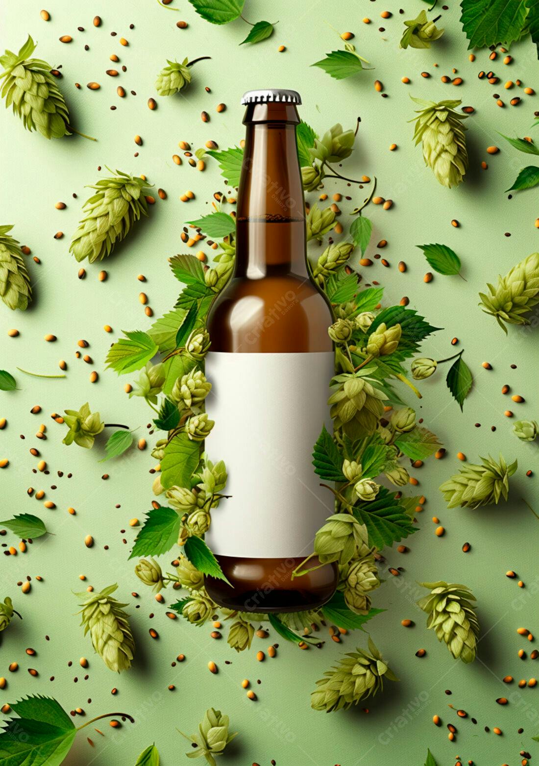 Garrafa de cerveja artesanal com lúpulo