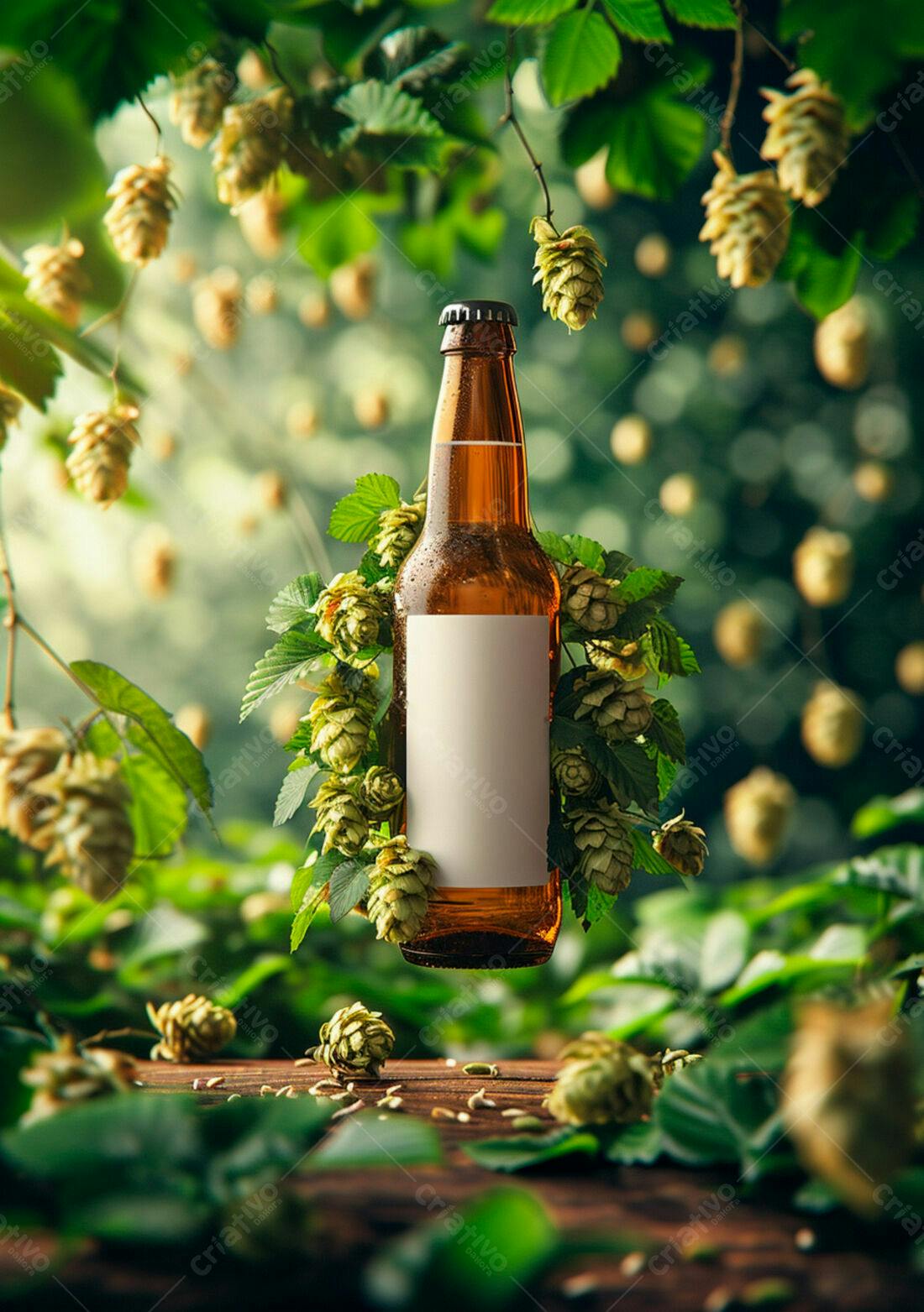 Garrafa de cerveja artesanal com lúpulo