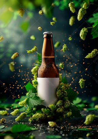 Garrafa de cerveja com rótulo branco com fundo de lúpulo verde 22