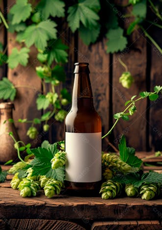 Garrafa de cerveja com rótulo branco com fundo de lúpulo verde 23