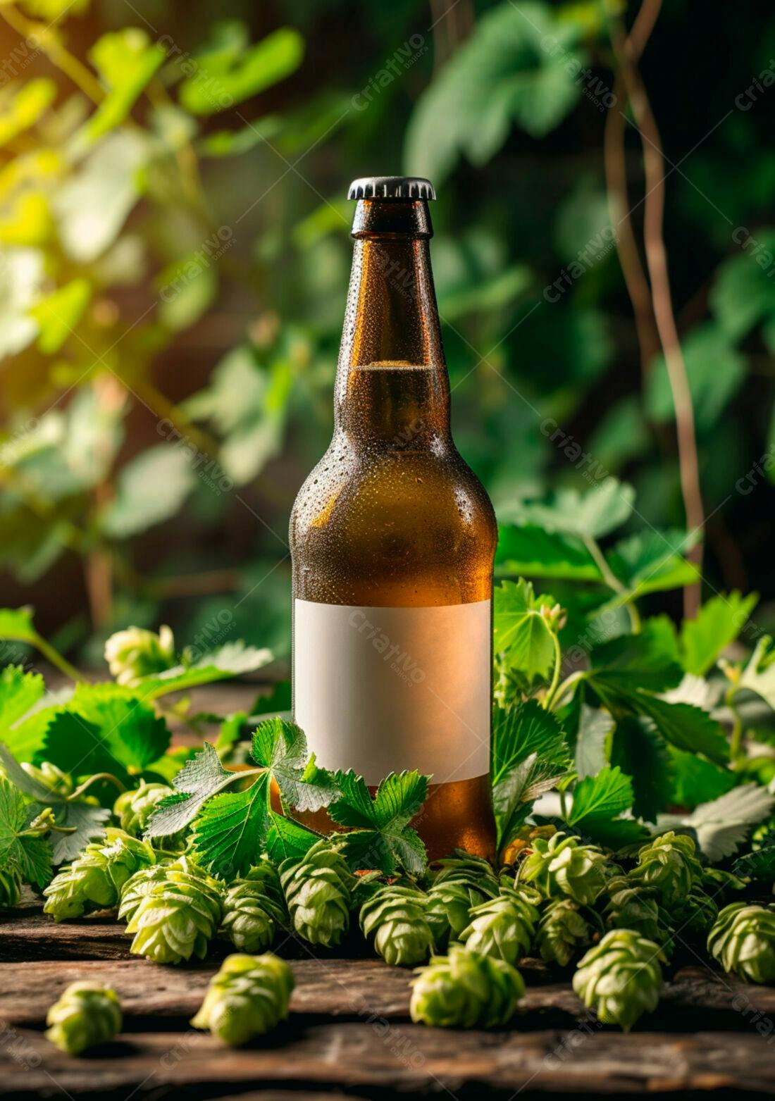 Garrafa de cerveja artesanal com lúpulo