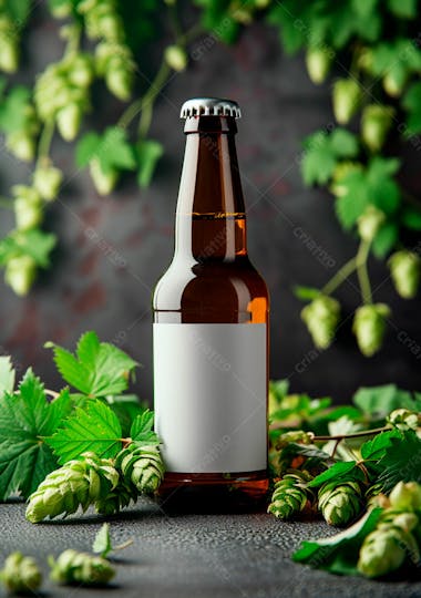 Garrafa de cerveja com rótulo branco com fundo de lúpulo verde 25