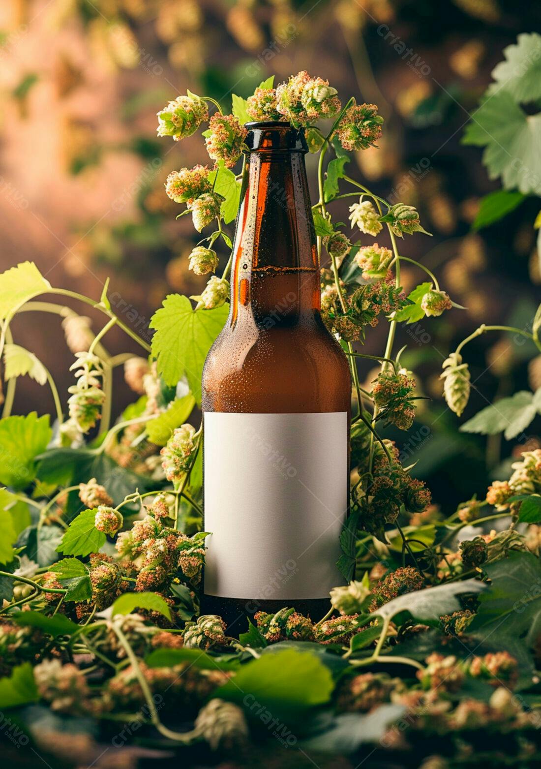 Garrafa de cerveja artesanal com lúpulo