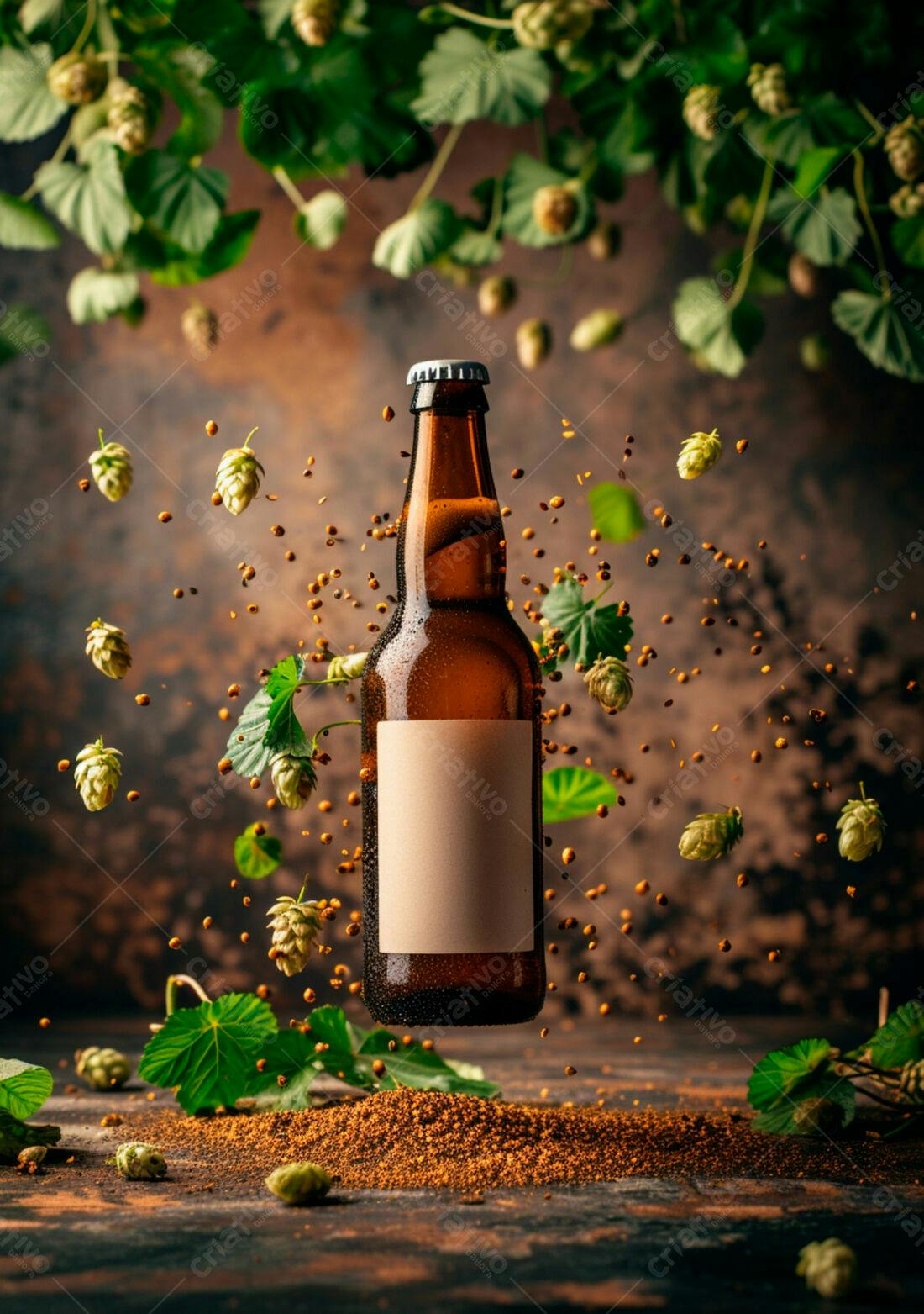 Garrafa de Cerveja em Levitação com Lupulo