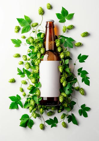 Garrafa de cerveja com rótulo branco com fundo de lúpulo verde 29