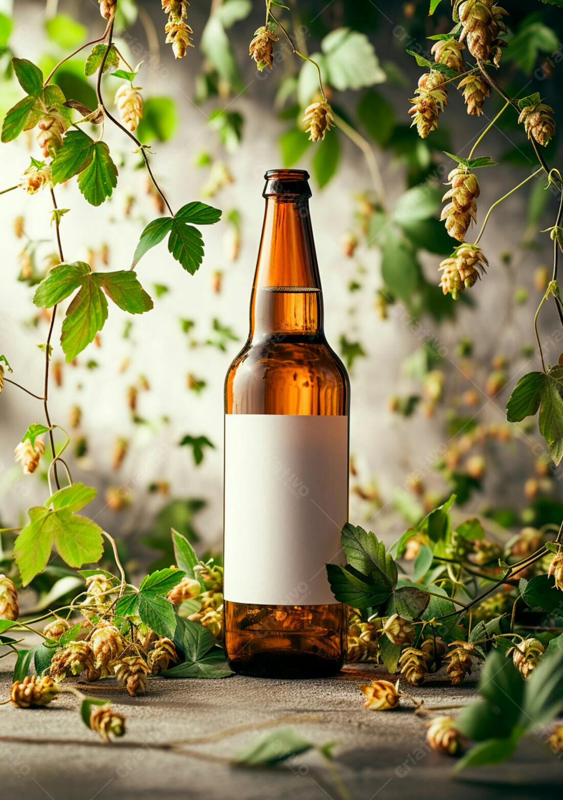 Garrafa de cerveja artesanal com lúpulo