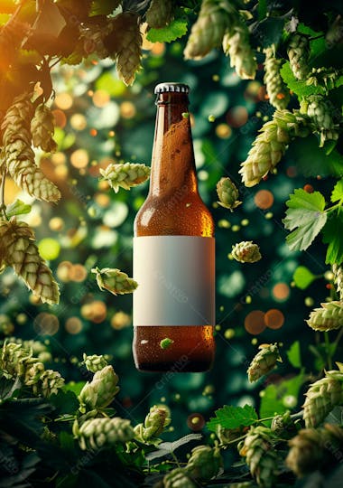 Garrafa de cerveja com rótulo branco com fundo de lúpulo verde 31