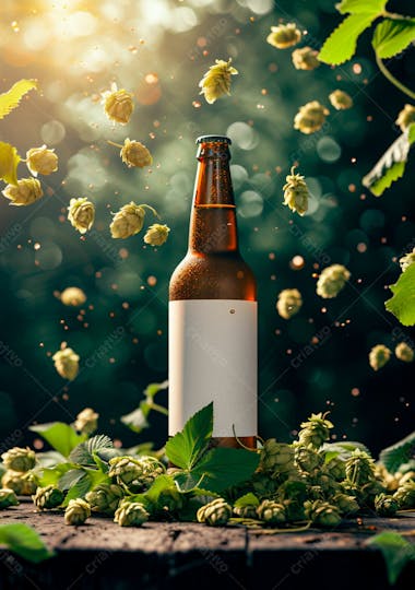 Garrafa de cerveja com rótulo branco com fundo de lúpulo verde 32