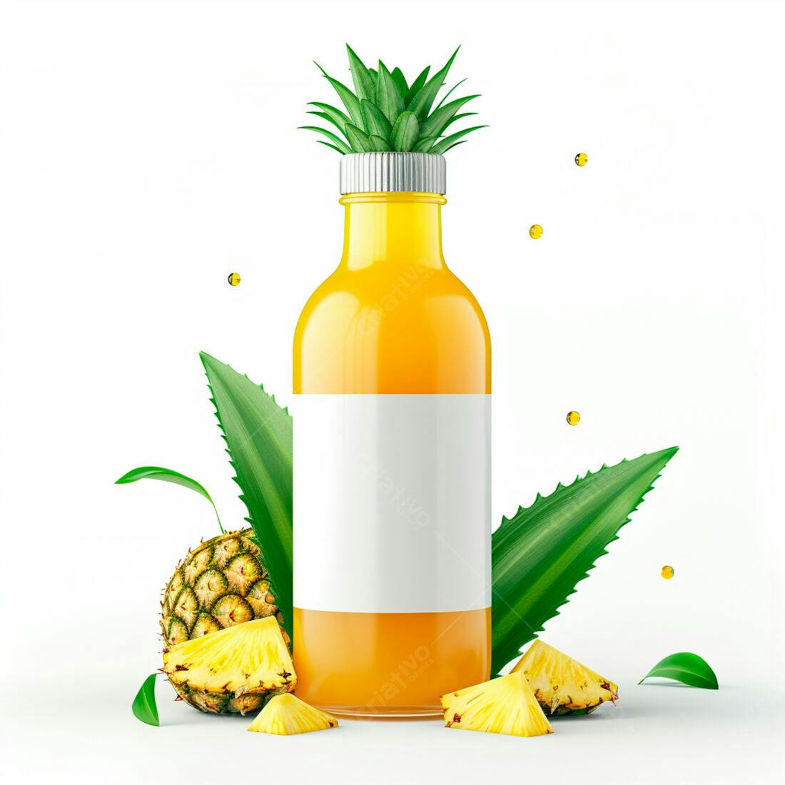 Suco de Abacaxi garrafa vidro fundo branco