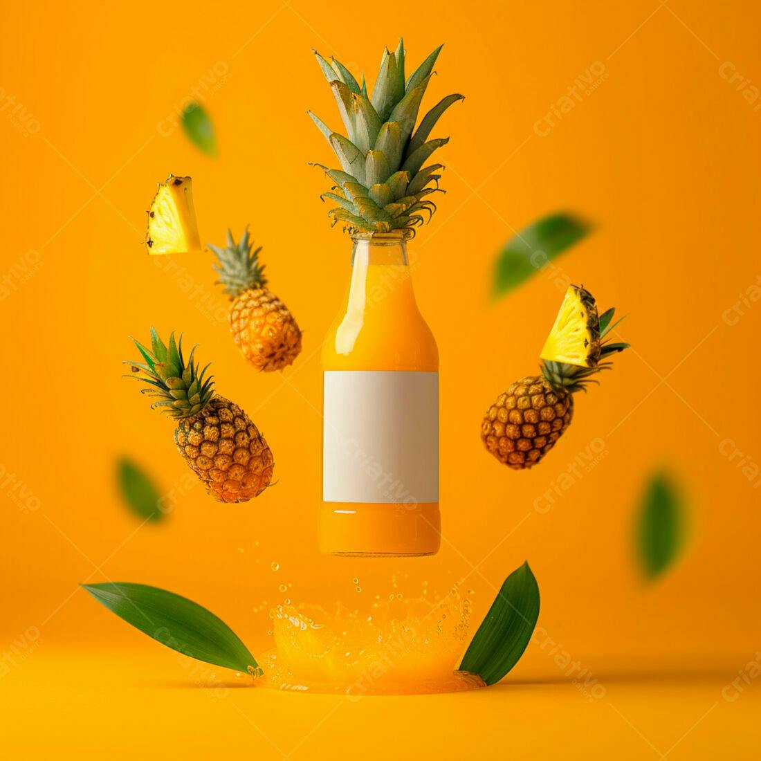 Suco de Abacaxi em Garrafa com Abacaxis Flutuantes