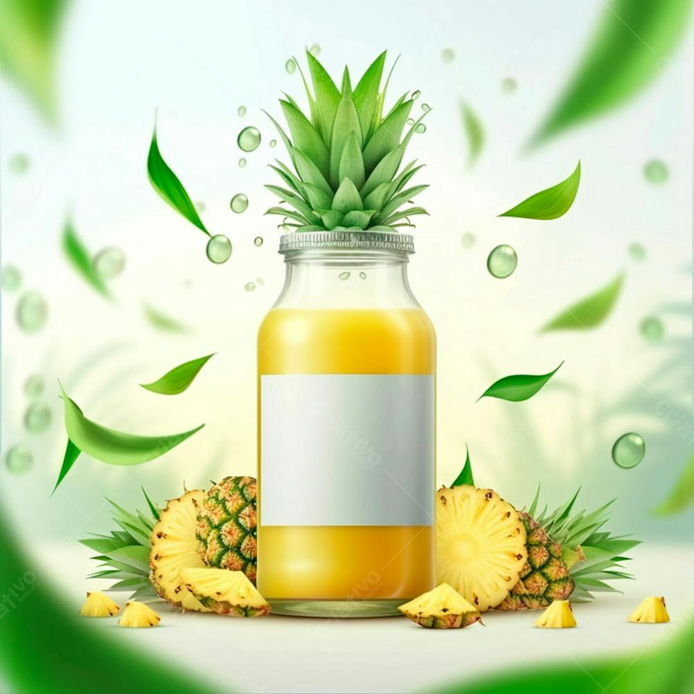 Garrafa De Suco De Abacaxi Com Folhas E Pedaços De Abacaxi Ao Redor 12