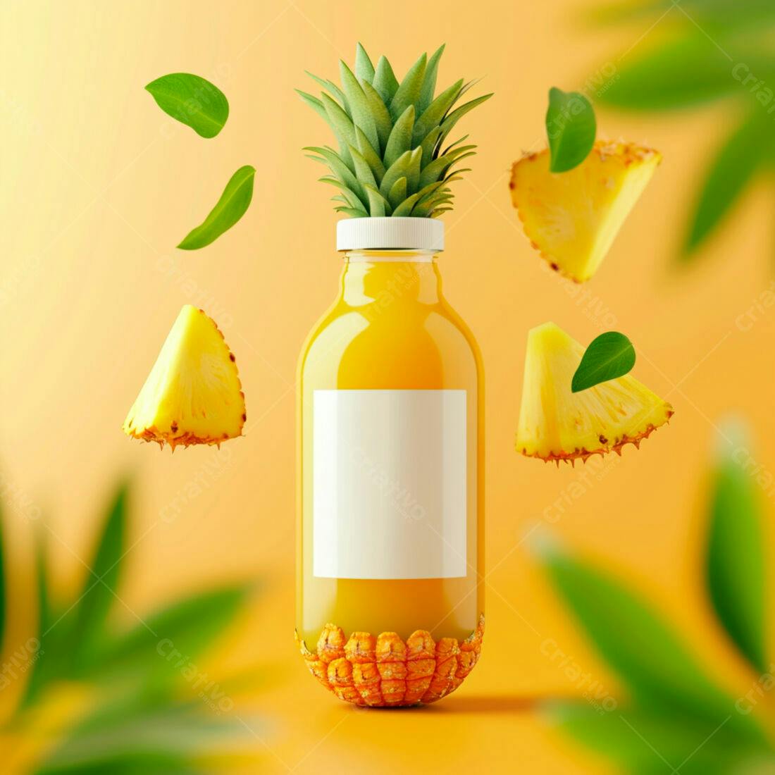 Suco de Abacaxi garrafa com fatias voadoras