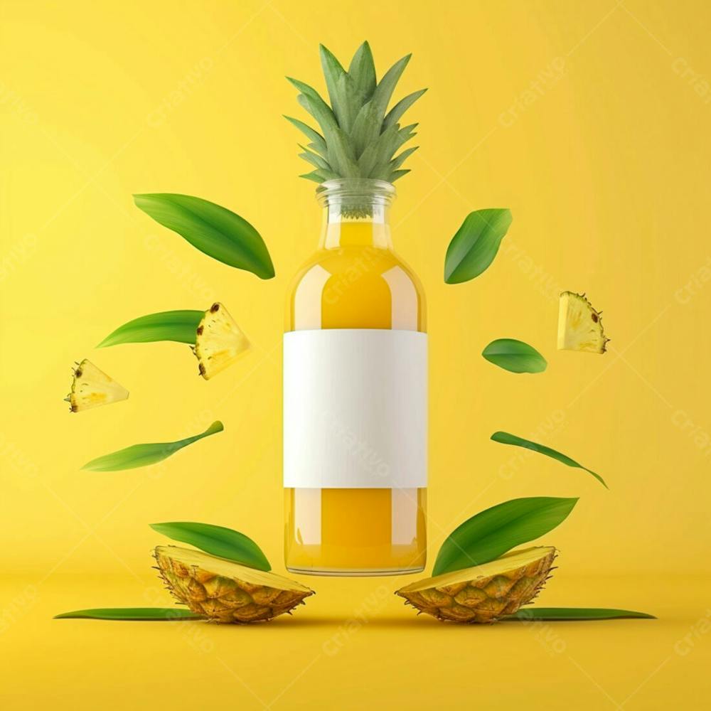 Garrafa De Suco De Abacaxi Com Folhas E Pedaços De Abacaxi Ao Redor 17
