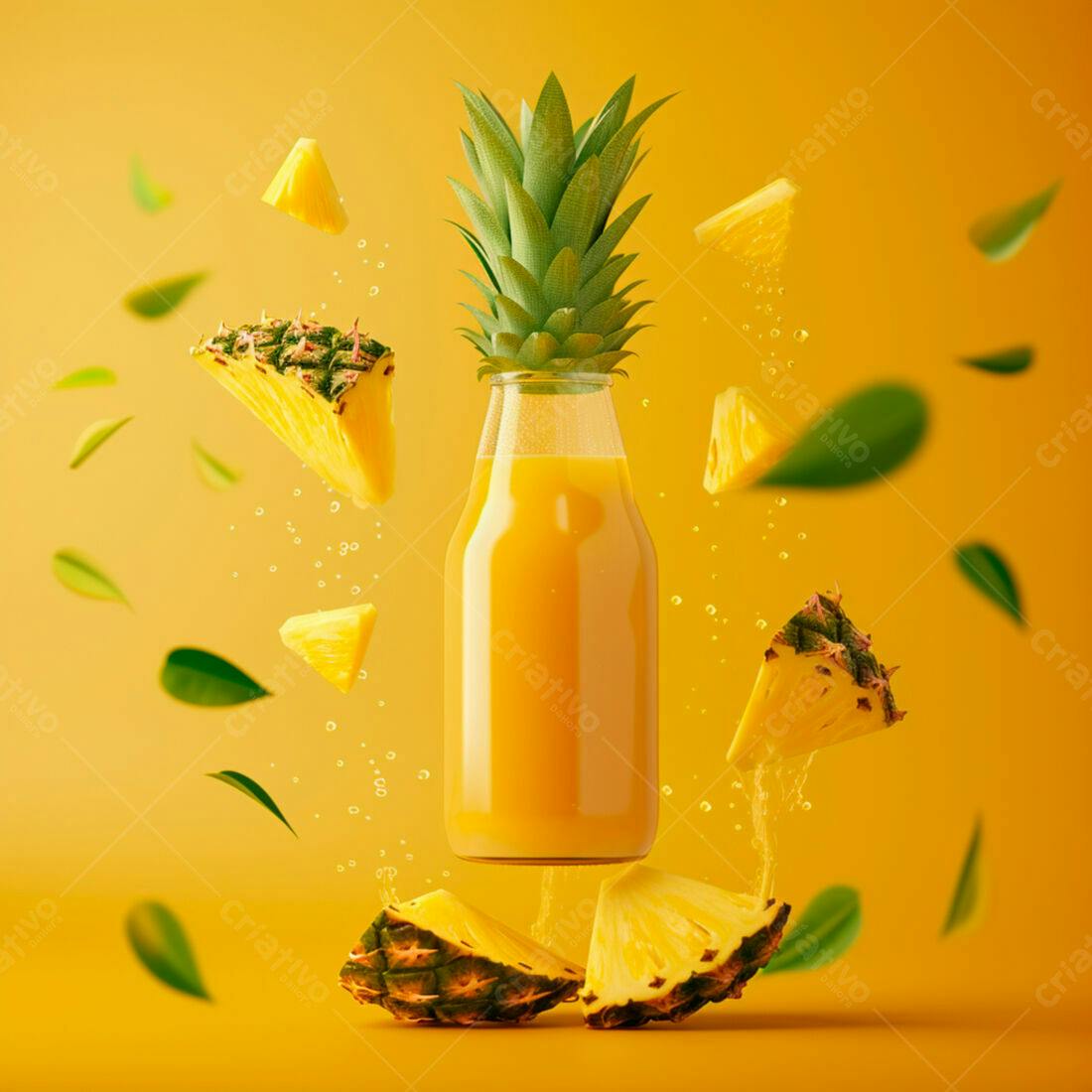 Suco de Abacaxi em Garrafa com Fatias Flutuantes