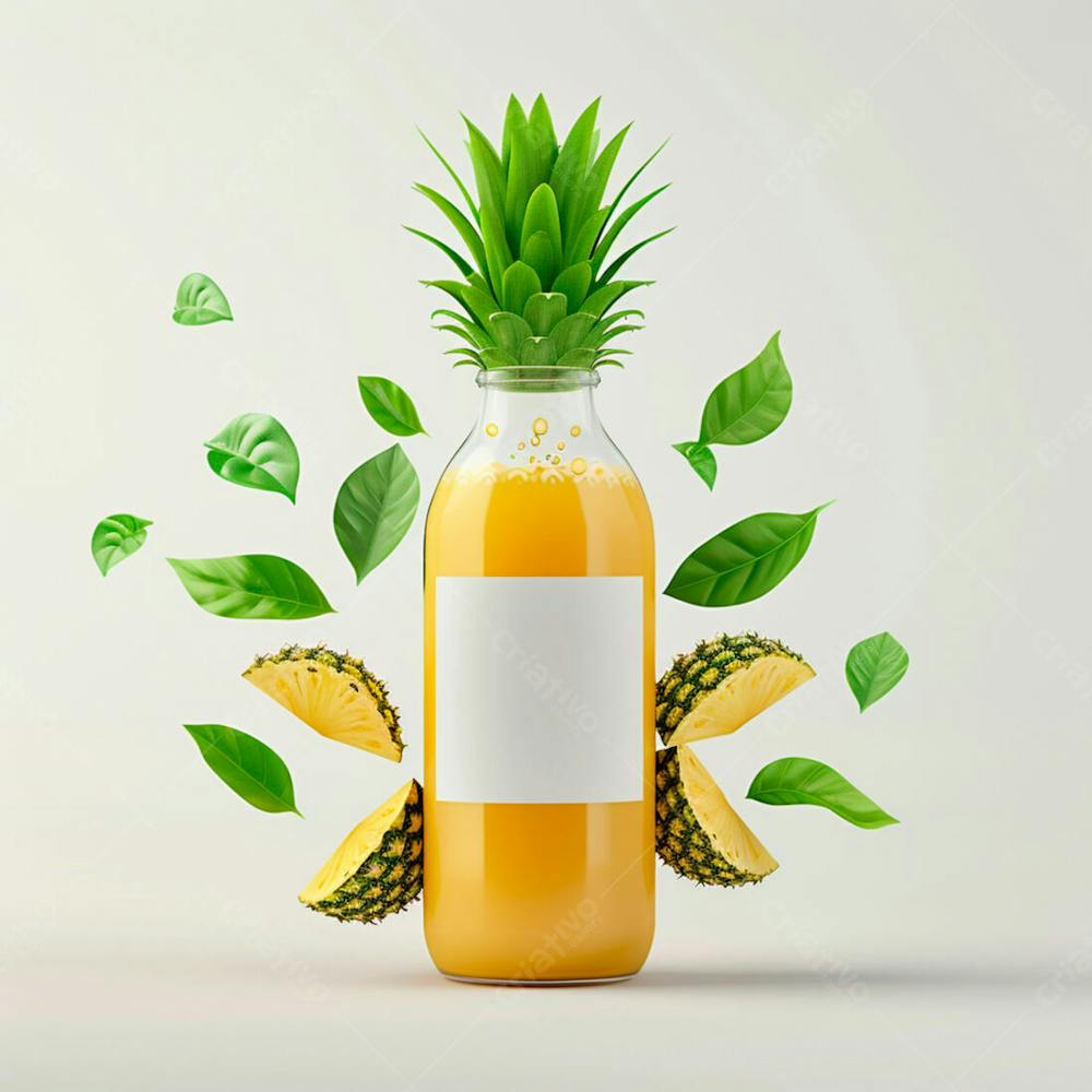 Garrafa De Suco De Abacaxi Com Folhas E Pedaços De Abacaxi Ao Redor 19