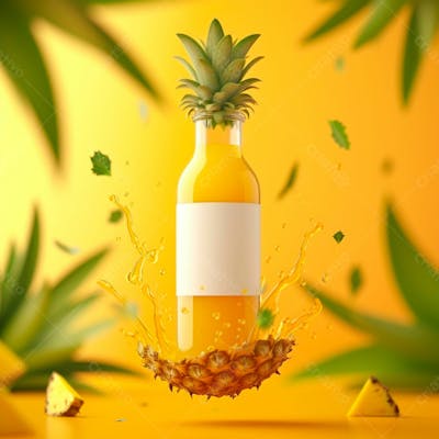 Garrafa De Suco De Abacaxi Com Folhas E Pedaços De Abacaxi Ao Redor 22