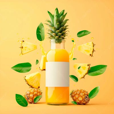 Garrafa De Suco De Abacaxi Com Folhas E Pedaços De Abacaxi Ao Redor 23