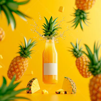 Garrafa De Suco De Abacaxi Com Folhas E Pedaços De Abacaxi Ao Redor 24