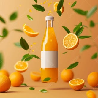Garrafa de suco de laranja com folhas de laranjeira 1