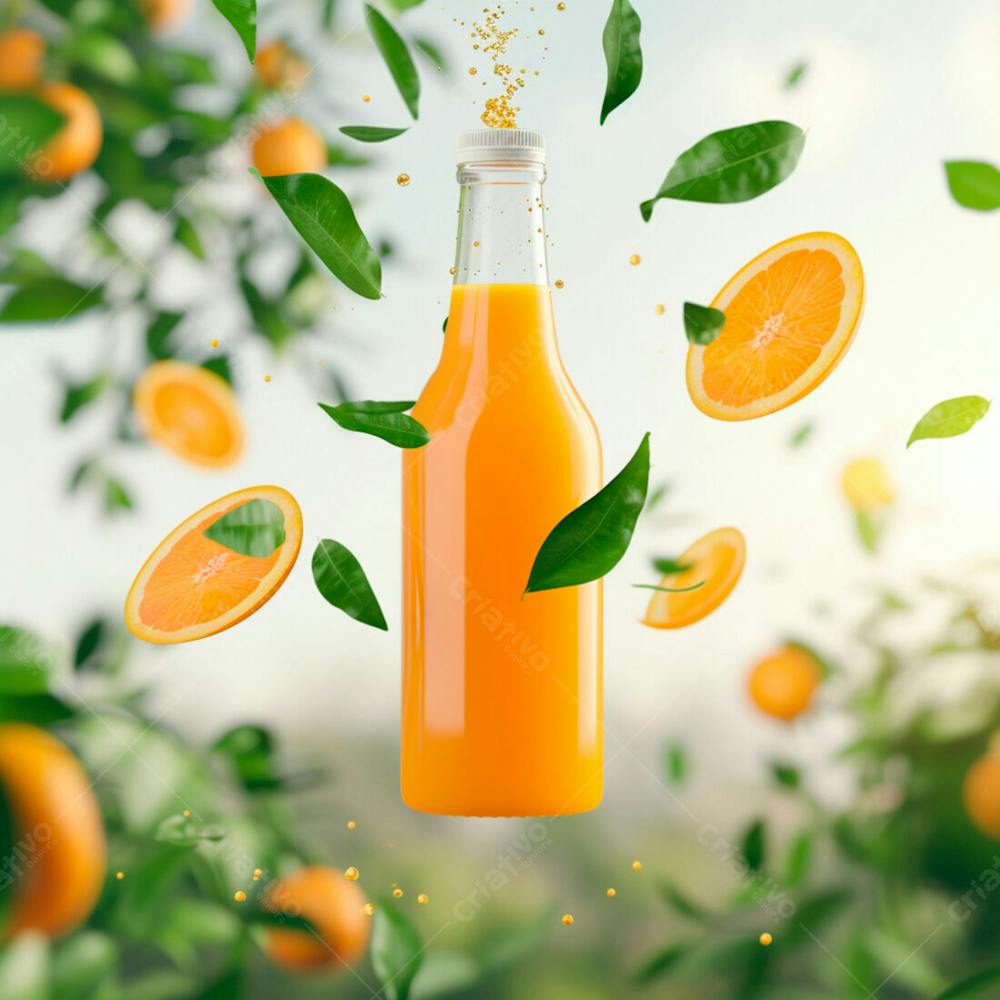 Garrafa De Suco De Laranja Com Folhas De Laranjeira 2