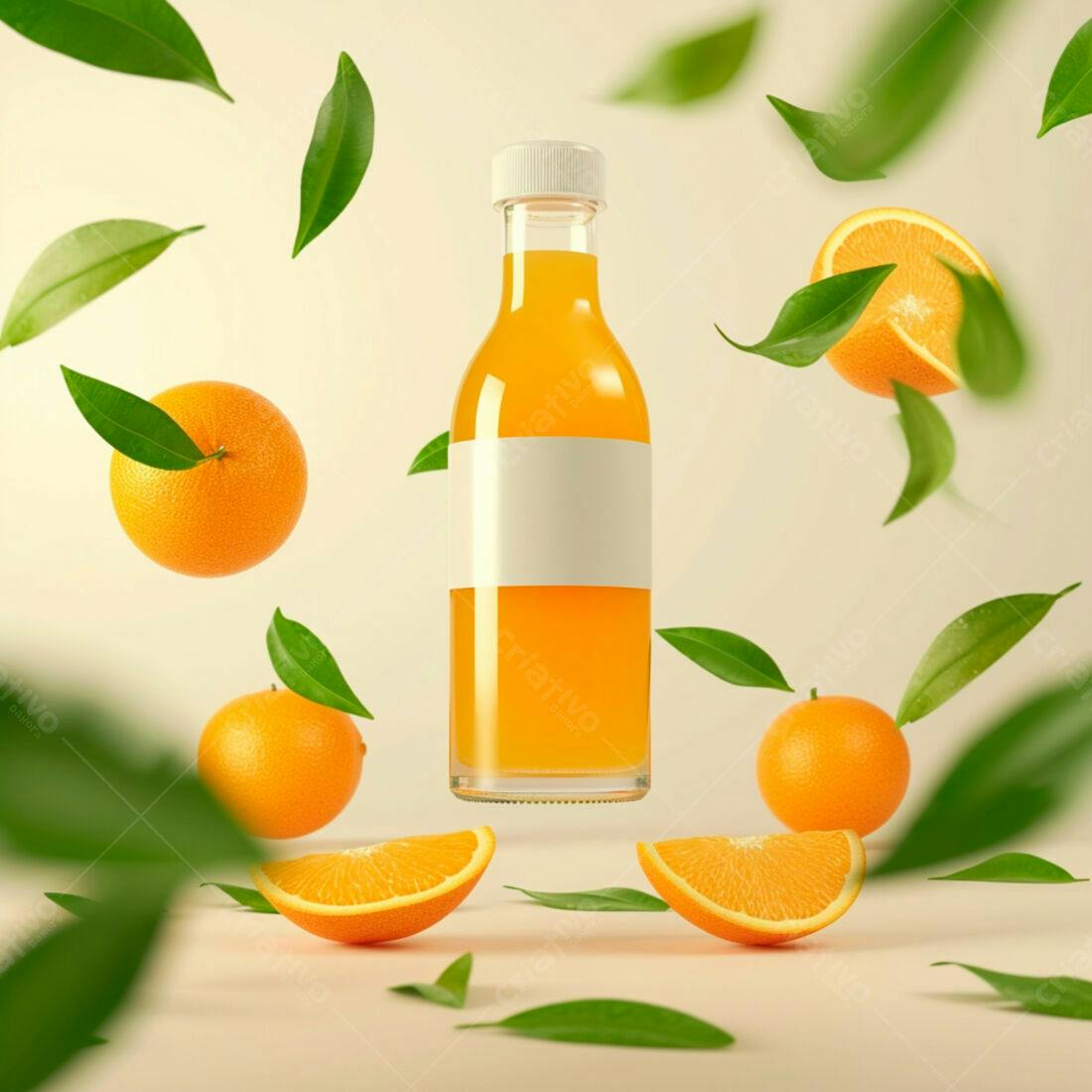 Suco de Laranja em Garrafa com Fatias e Folhas