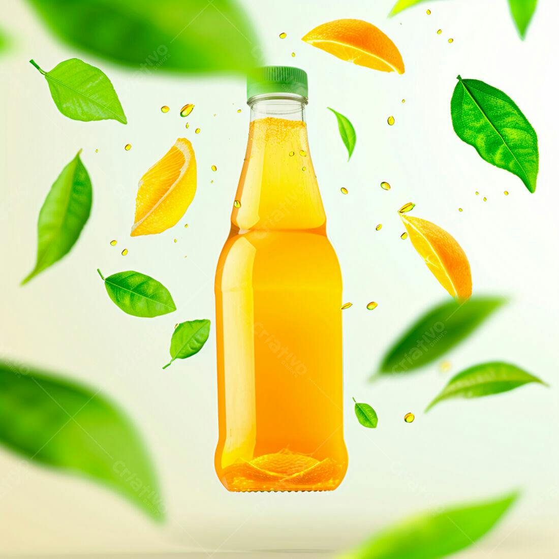 Suco de Laranja em Garrafa com Fatias e Folhas