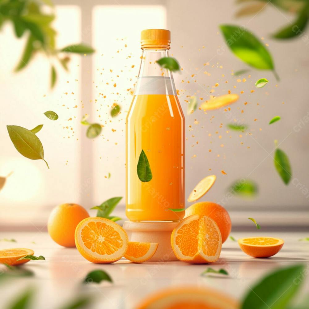 Garrafa De Suco De Laranja Com Folhas De Laranjeira 5