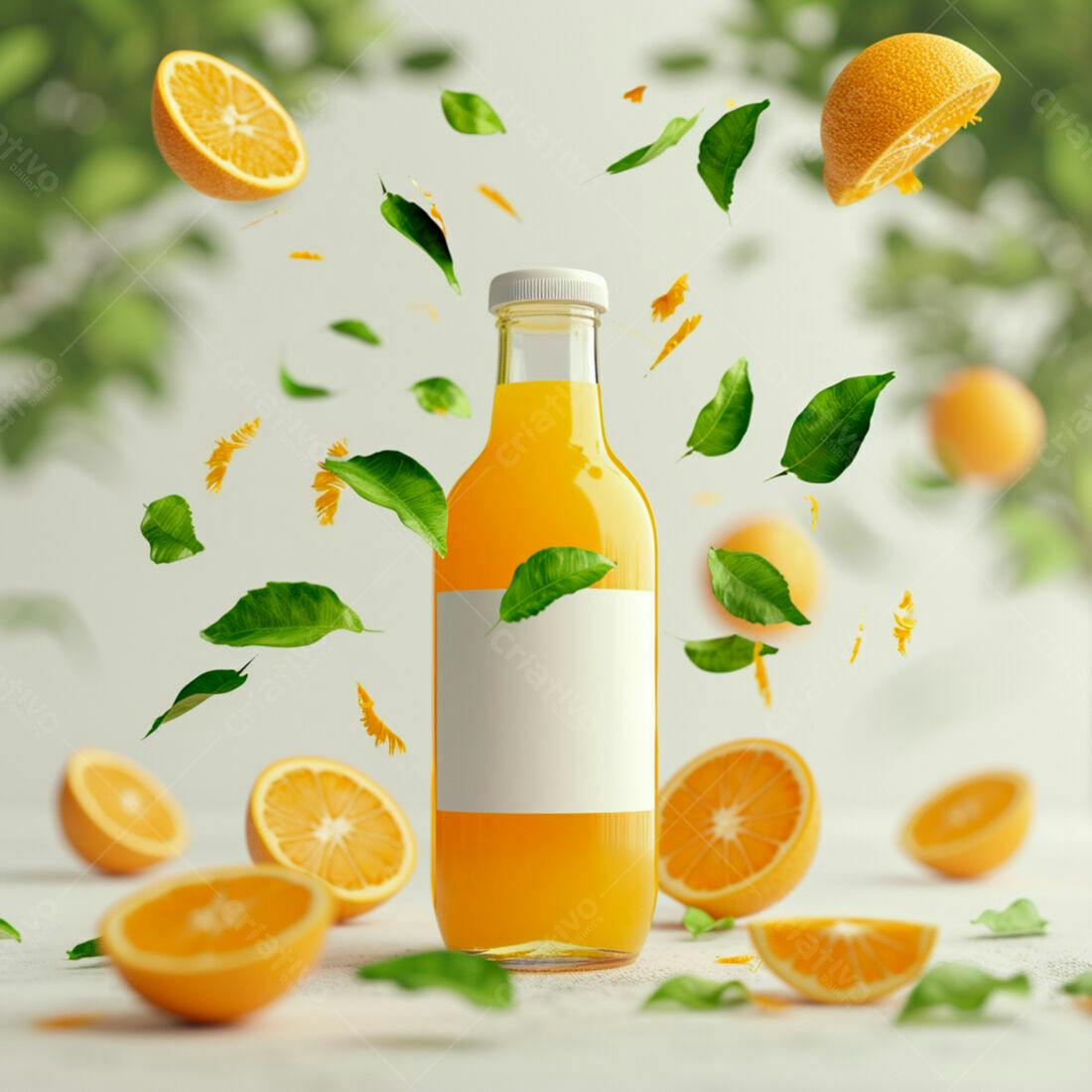 Suco de Laranja em Garrafa com Fatias e Folhas