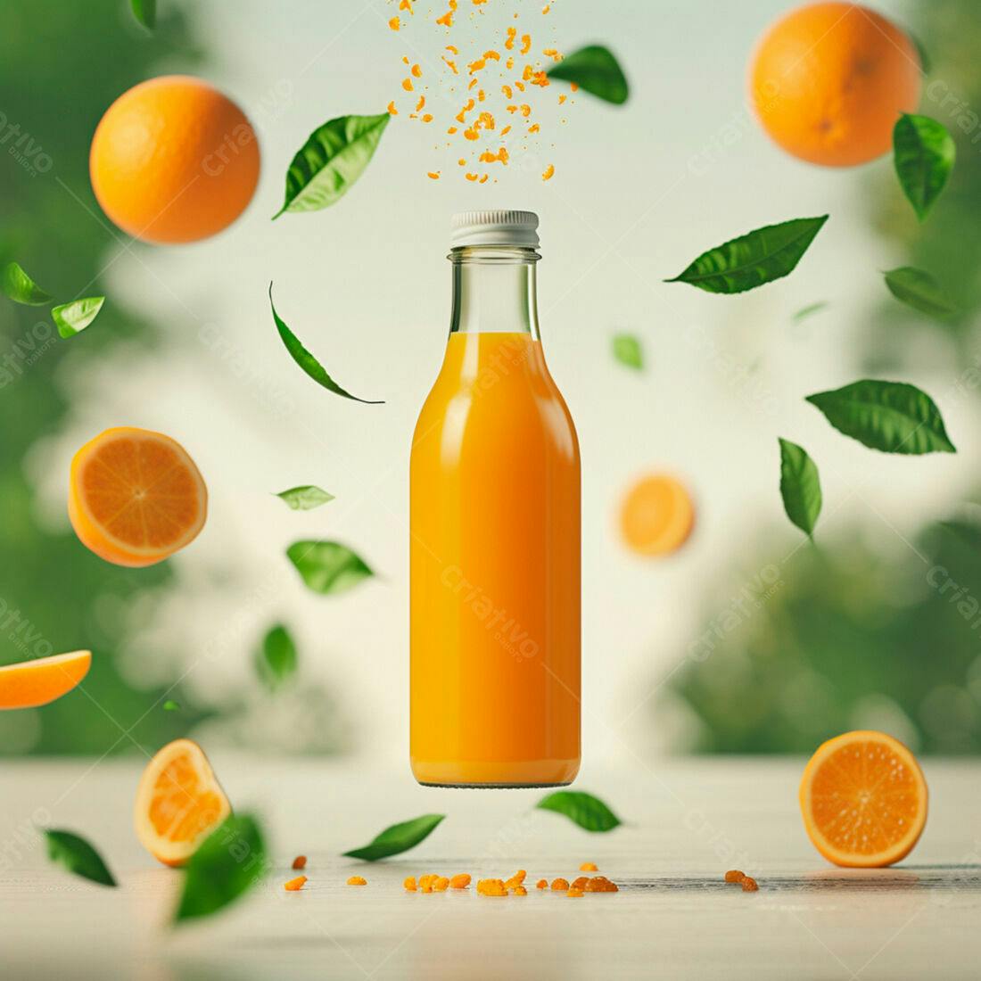 Suco de laranja em garrafa com frutas voadoras