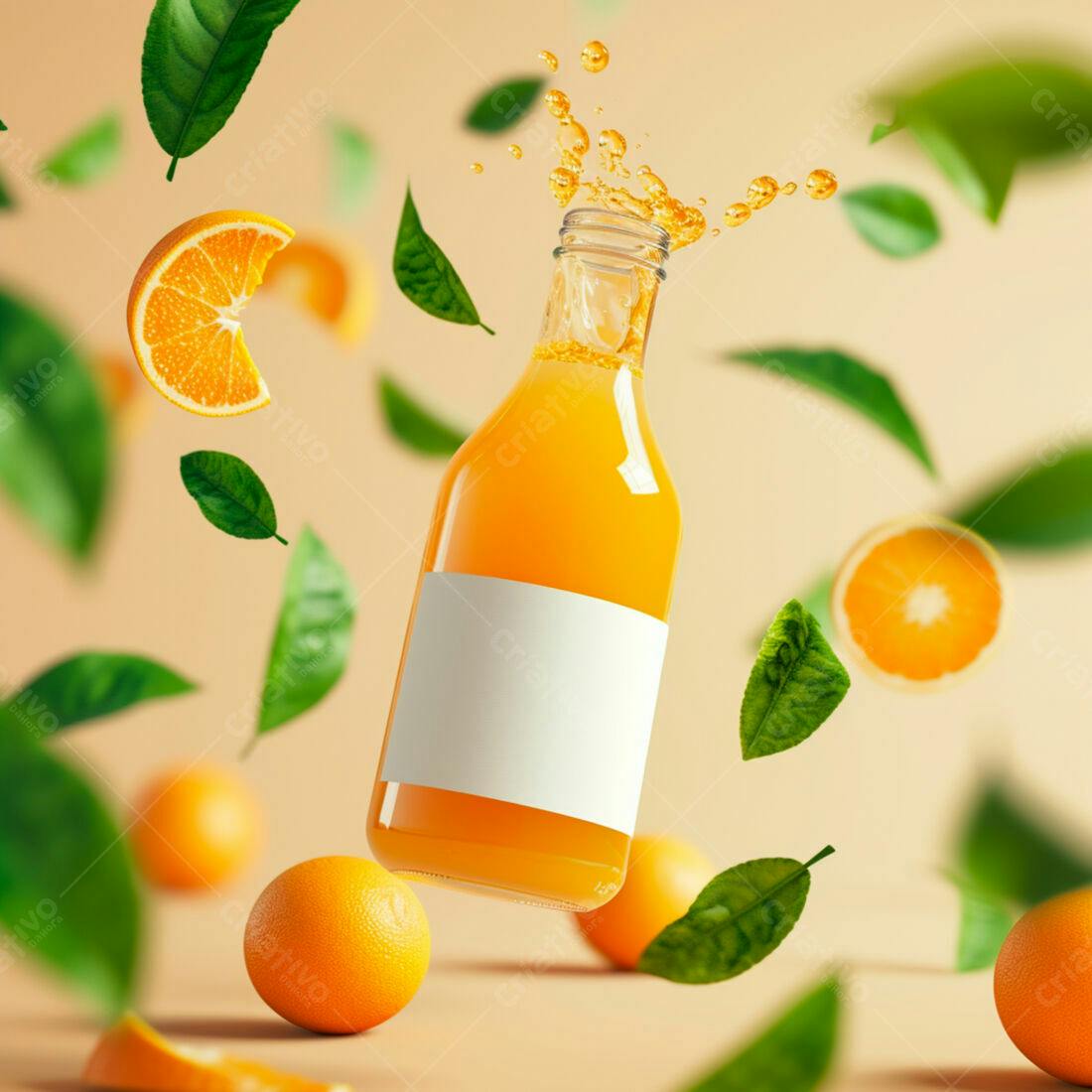 Suco de Laranja em Garrafa com Fatias e Folhas