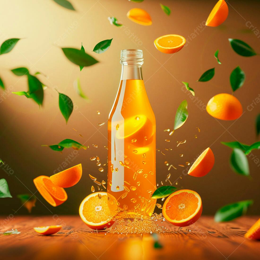 Suco de laranja em garrafa de vidro com fatias e folhas
