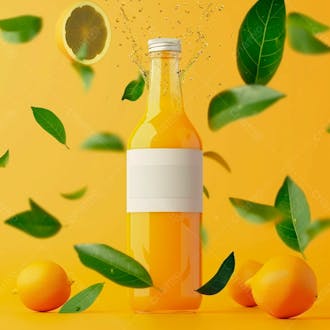 Garrafa de suco de laranja com folhas de laranjeira 10
