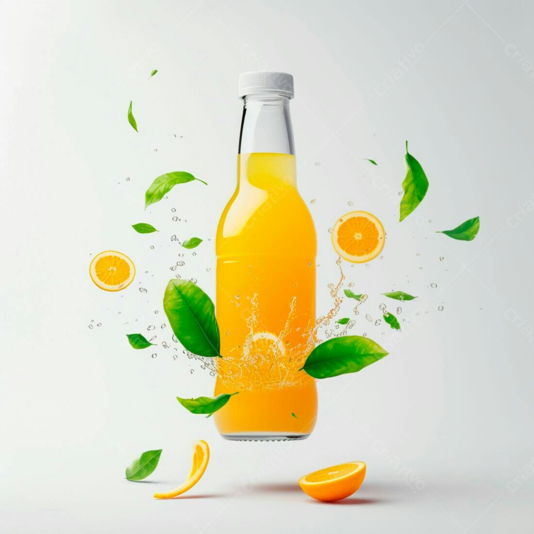 Suco de laranja em garrafa de vidro com fatias e folhas